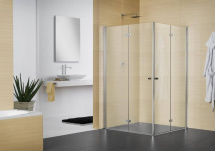 Moderne Duschkabine in einem stilvollen Bad mit Waschbecken und Pflanzen.